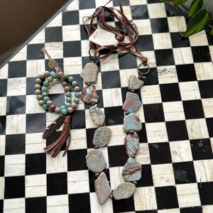 Turquoise Chunky Boho Western Necklace Bracelet Leather